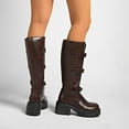 thumbnail image 5 of Lovzfmll Knee High Boots Women, Multi Buckle Mid Calf Chunky Heel Winter, Chunky Mid Heel Round Toe Buckle Leather Motorcycle Boots Warm Casual Fall Brown Boots, 5 of 9
