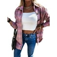thumbnail image 2 of Women Flannel Shacket Plaid Button Down Long Sleeve Shirts Jacket Coats Fall Outfits Fashion Clothes Pink M, 2 of 9