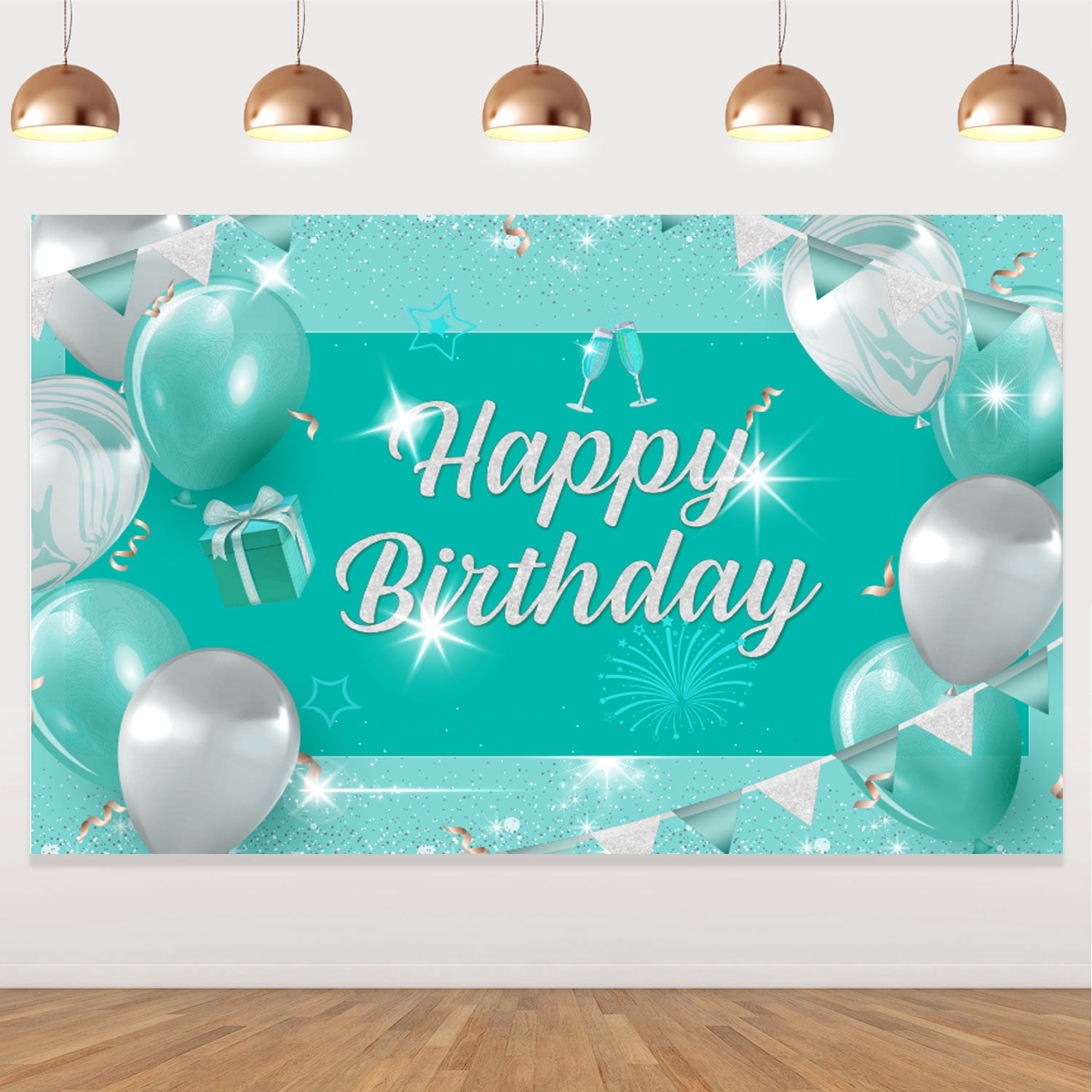 Happy Birthday Backdrop Banner, Teal Birthday Backdrop, Teal Blue and ...