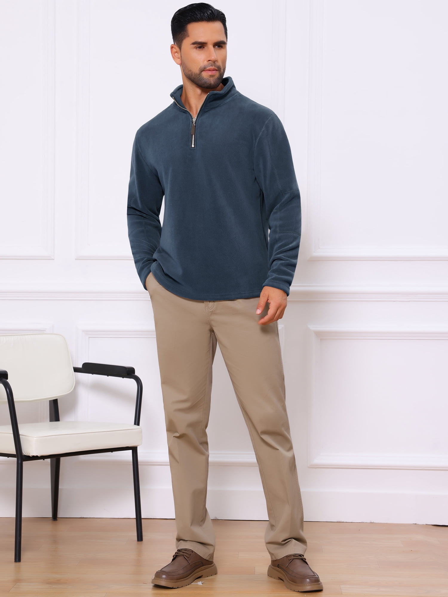 DARING DIVA Men's Solid Stand Collar Half-Zip Long Sleeve Fleece Sweatshirt L Navy Blue