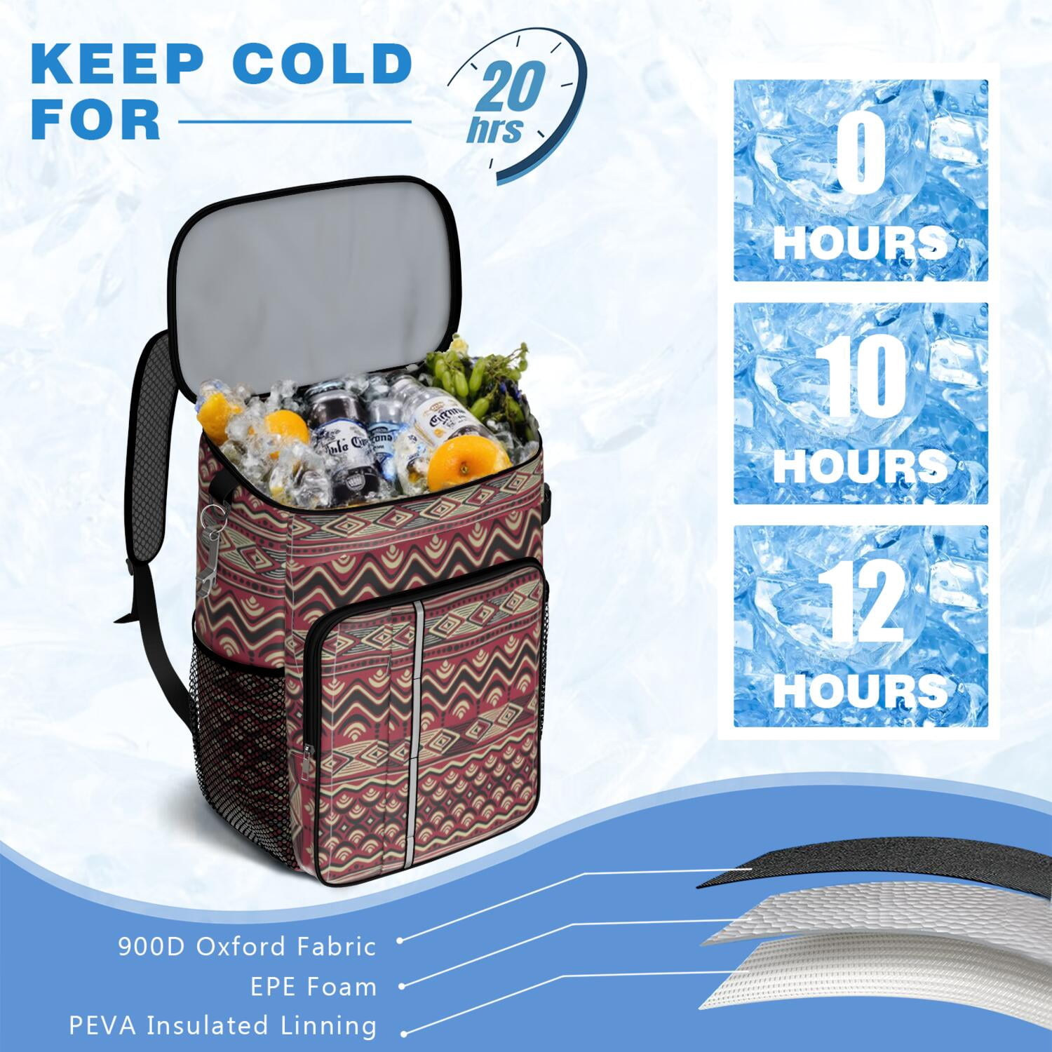 Travel Cooler Bag - Boho Bohemia Pioneer Flower Geometric Line Art Camping Beer Cooler Backpack with Bottle Opener- Waterproof Insulated Picnic Backpacks - Cooler Bag for Beach