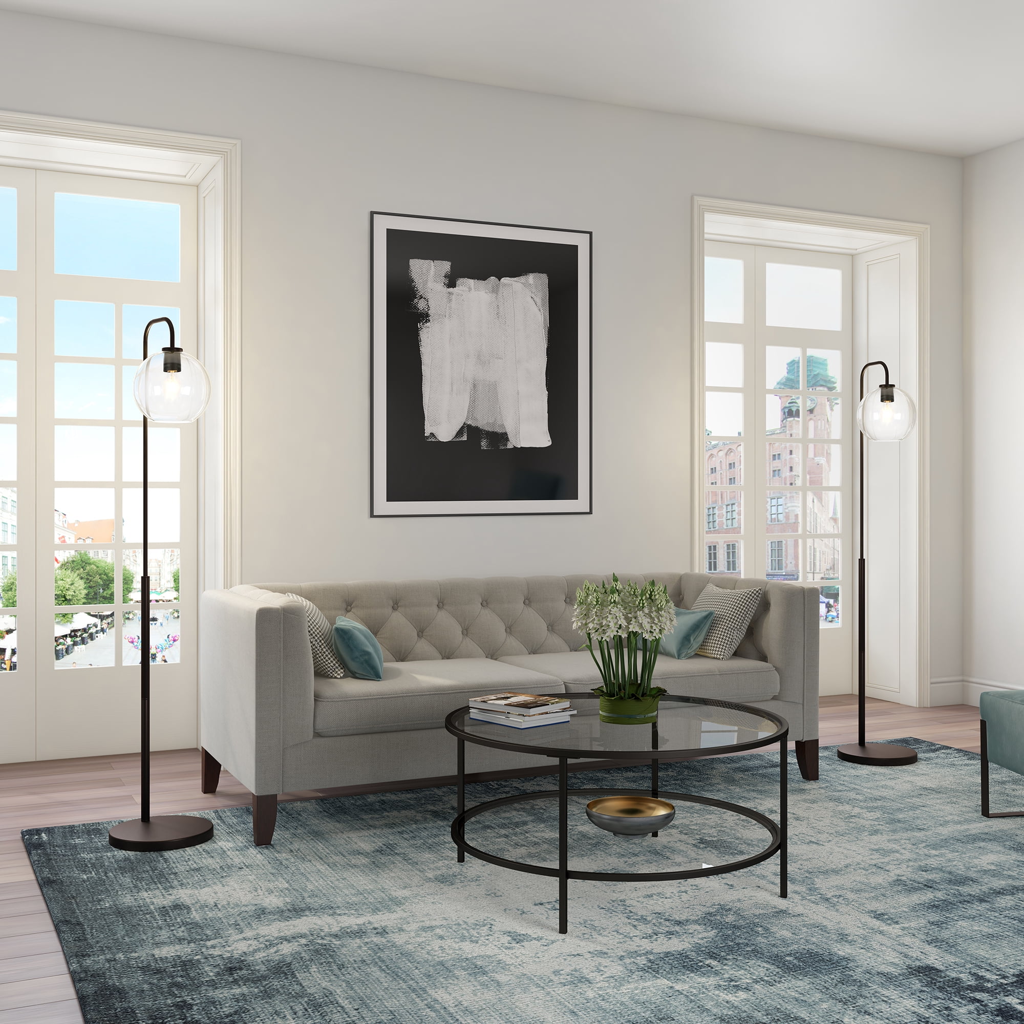 Evelyn&Zoe Harrison Arc Floor Lamp with Glass Shade, Blackened Bronze/Clear