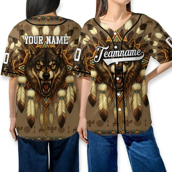 Custom Wolf Tribal Baseball Jersey Shirt - Wolf and Feathers Design - Personalized Name & Team Amerian Tribal Unisex Button-Up Shirt