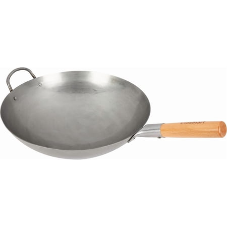 14” Carbon Steel Hammered Wok Traditional Round Bottom Stir Fry Pan with Wooden & Helper Handle for Authentic Asian Cuisine Wok Hei Cooking Perfect for Stir-Fry Sauté & Deep Fry