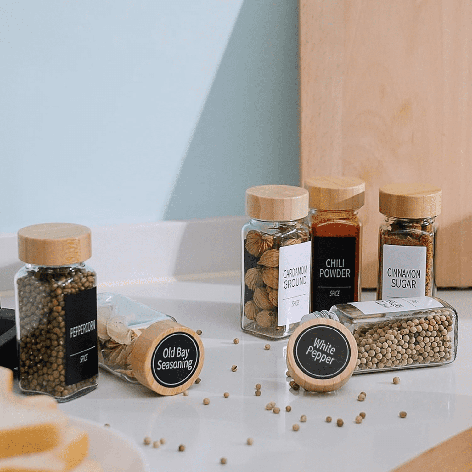 12 Pcs Glass Spice Jars with Bamboo Lids, 4 oz Glass Jars with Minimalist Farmhouse Spice Labels Stickers, Collapsible Funnel, Seasoning Storage Bottles for Spice Rack, Cabinet, Drawer