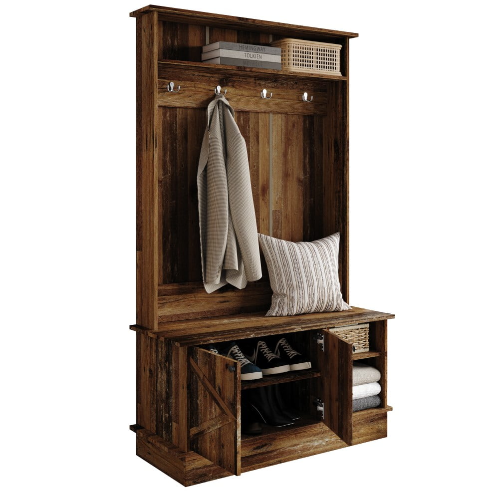 Castle Place Modern Hall Tree with Storage Cabinet, Walnut