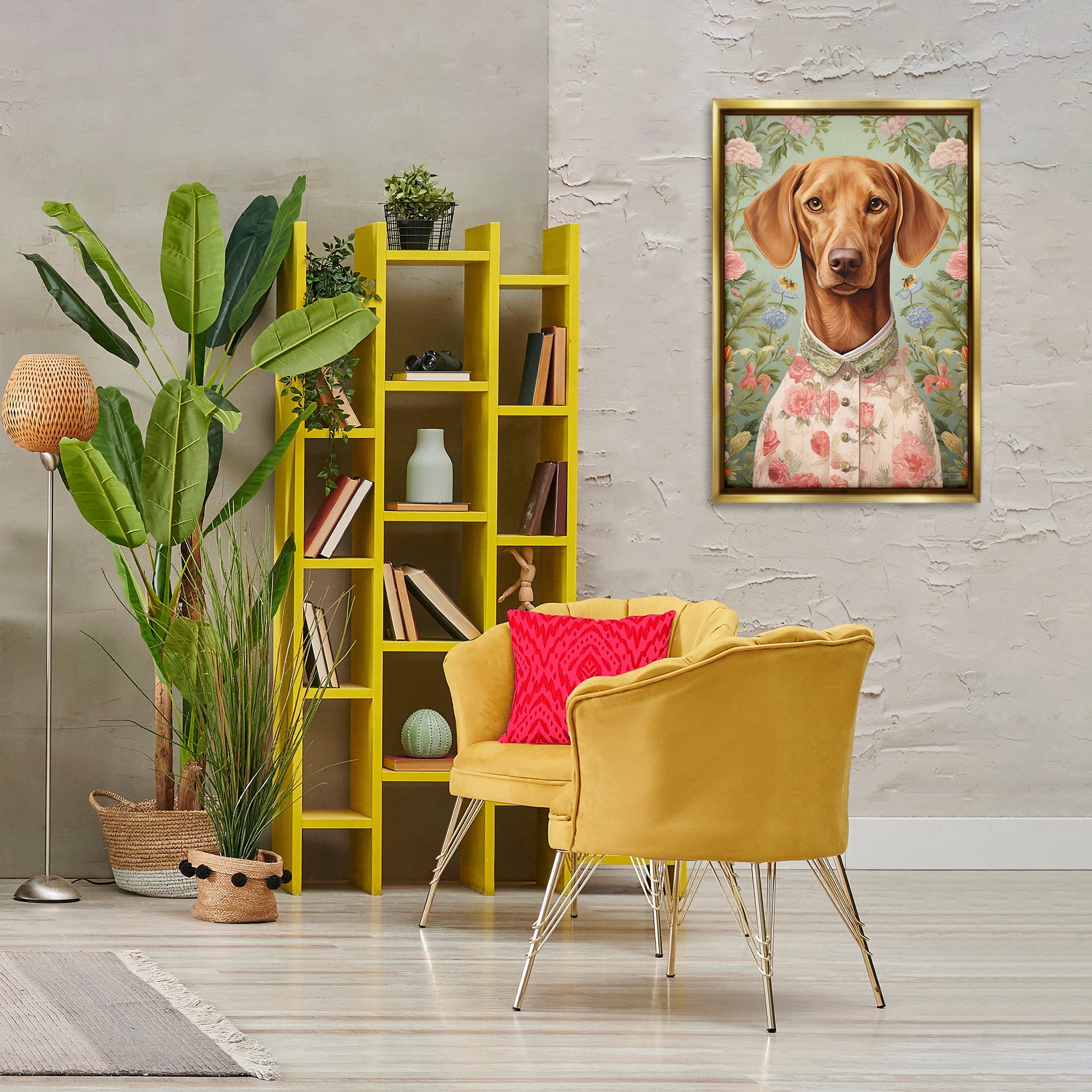Stupell Industries Tropical Florals Dog Animals & Insects Painting Gold Floater Framed Canvas Art Print Wall Art, 21 x 31