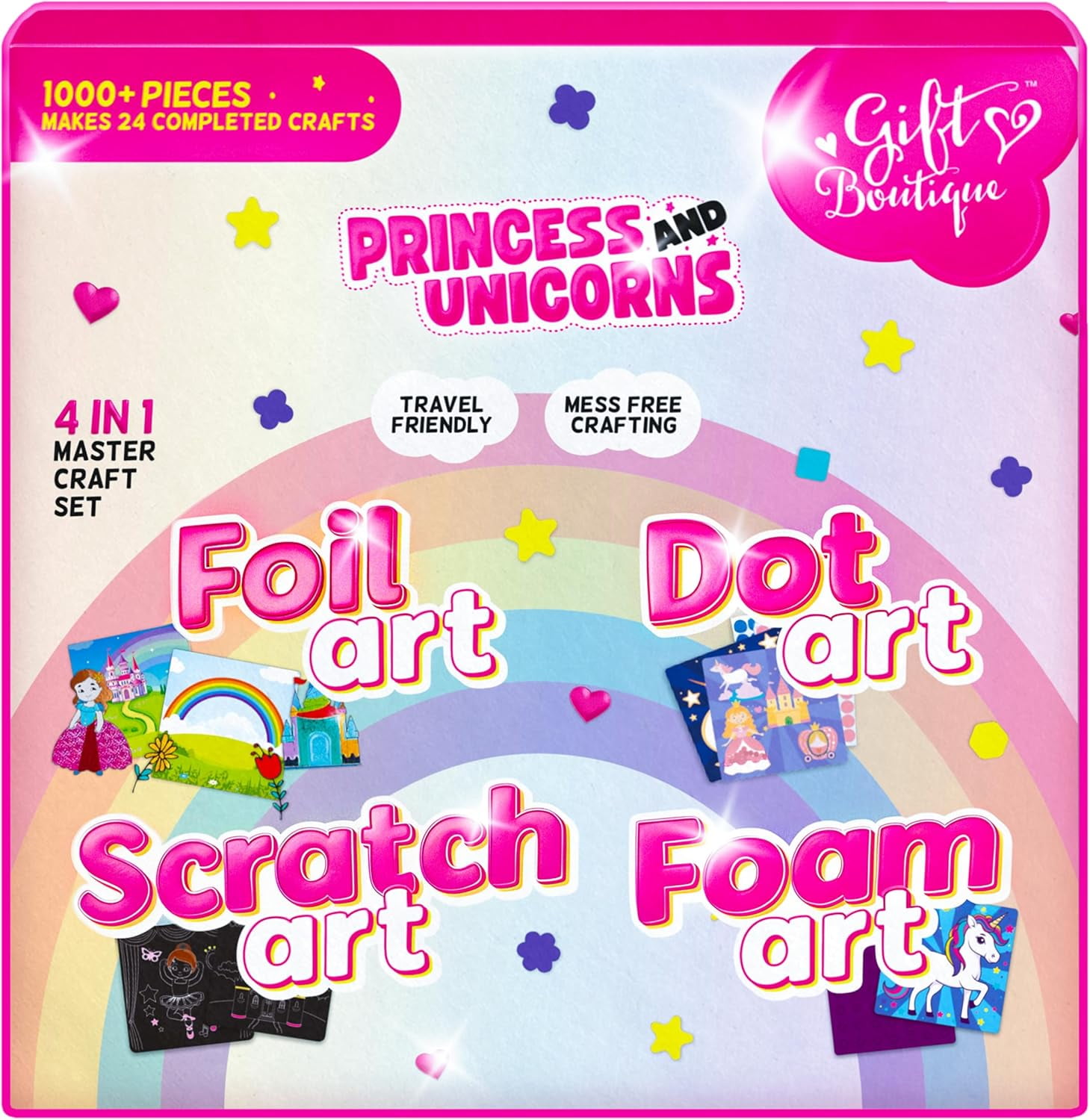Gift Boutique Unicorn Princess Craft Kit for Girls, 24 Art Projects with Foam, Dot, Scratch & Foil Activities, Kids Craft Box for Ages 4–8