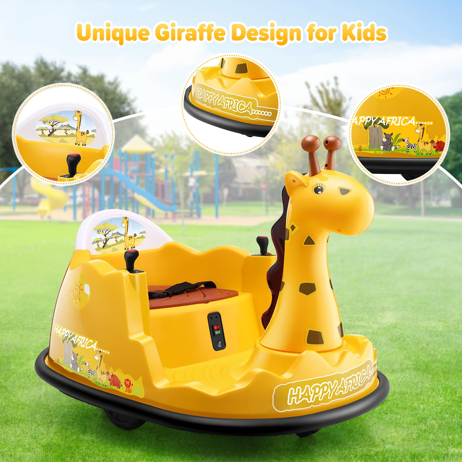 Funcid 12V Electric Giraffe Bumper Car for Toddler, Baby Bumper Car with Remote Control, Kids Ride on Toy for Boys Girls 2+, 360° Spin, LED Lights, Music, Yellow