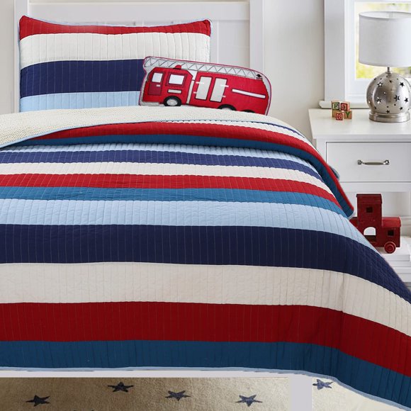 Cozy Line Home Fashions Aaron Bedding Quilt Set, Nautical Navy Blue Red Off-White Striped 100% Cotton Reversible Coverlet Bedspread Bedding Set (National Stripe, Twin - 2 Piece)