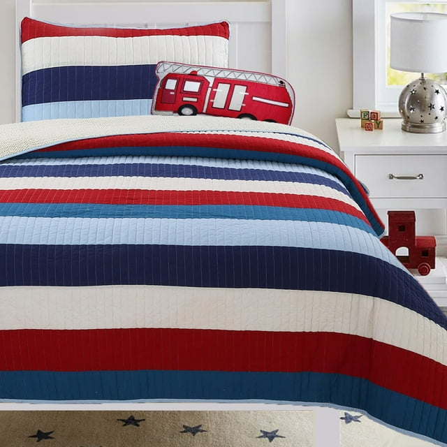 Cozy Line Home Fashions Aaron Ensemble de Courtepointe de Literie, Rayé Nautique Bleu Marine Rouge Blanc Cassé 100 % Coton Couvre-Lit Réversible Couvre-Lit Ensemble de Literie (National Stripe, Simple - 2 Pcs)