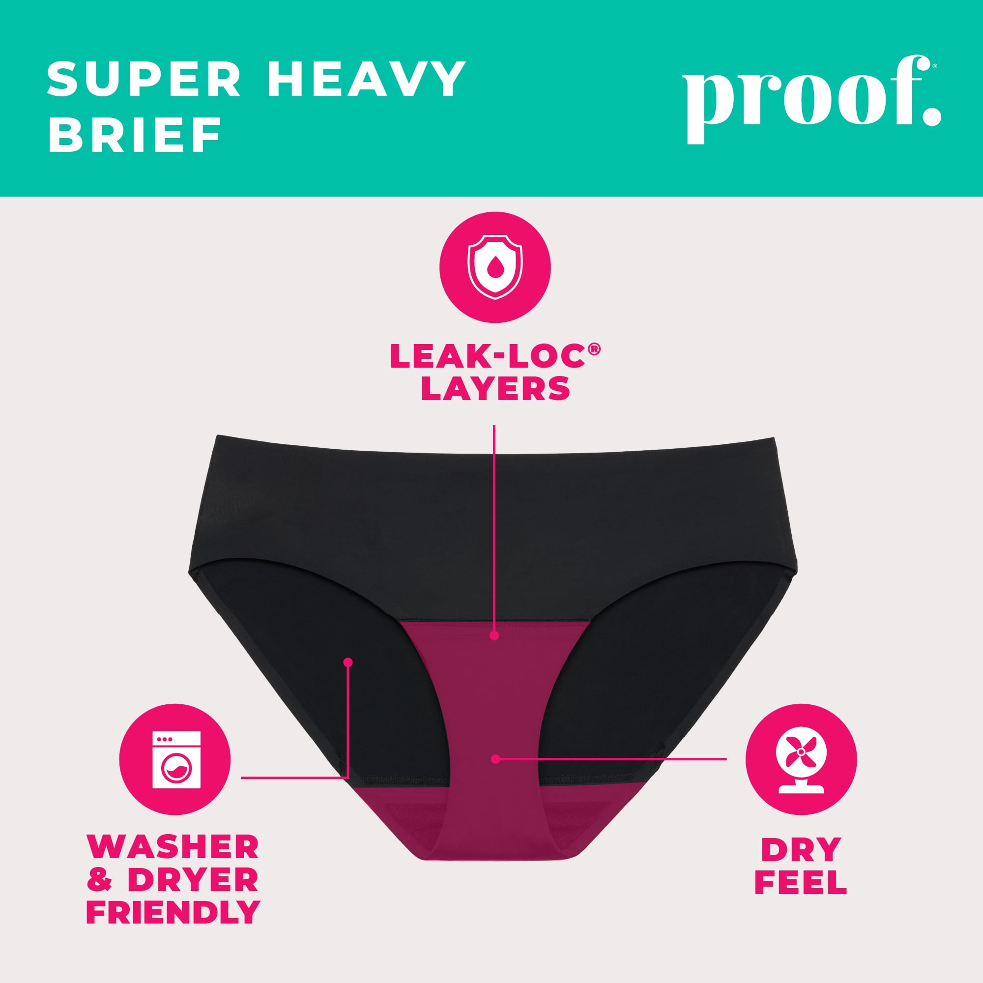 (2 pack) Proof Women's Super Heavy Absorbency, Brief Period Underwear, Black, Choose Your Size