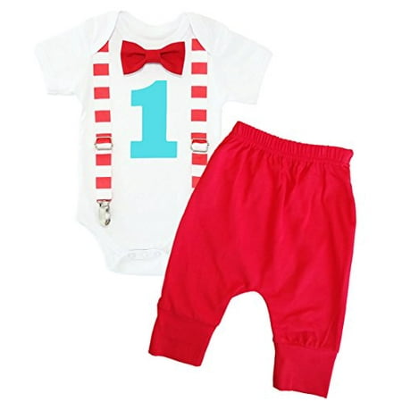 Noah's Boytique Circus First Birthday Outfit Carnival Theme Red Aqua Stripes Clothes Cake Smash with Red Pants 18-24 Months