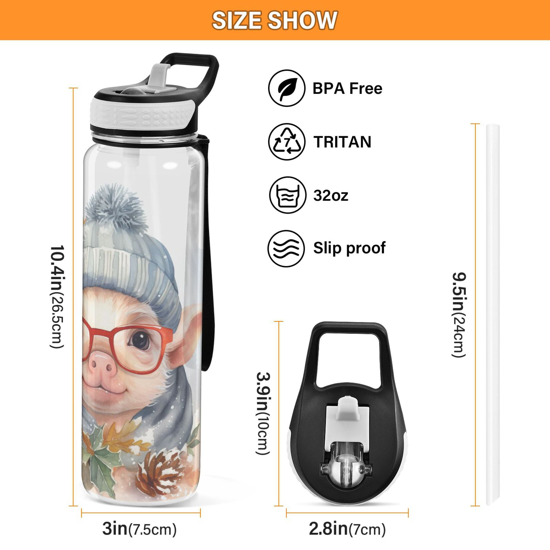 Pig Glasses Pines Leaves Sports Water Bottle Portable Travel Mug 32oz BPA Free Leak Proof Straw Transparent Tritan for Gym Yoga Cycling Camping
