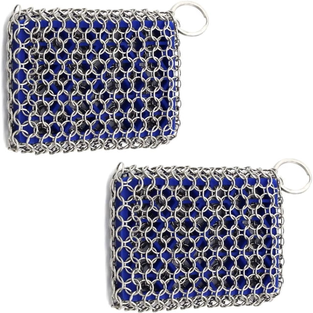2 Pack Cast Iron Scrubber 316 Stainless Steel with Silicone Insert Durable Flexible Chain Cleaner Cleaner for All Types of Griddles Pots Skillet Grills Kitchen Cookware BBQ Tools & Ovens (Blue*2)