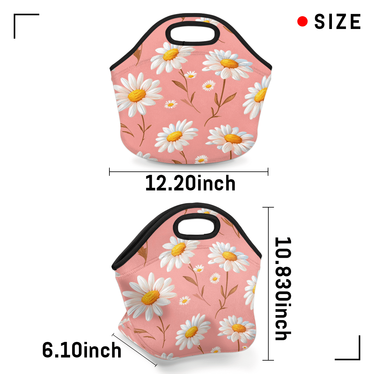 Herdesigns Pink Floral Neoprene Lunch Bag, Daisy Insulated Lunch Box for Women Men Washable Lunch Tote Soft Lunch Container With Zipper for Work Picnic Travel
