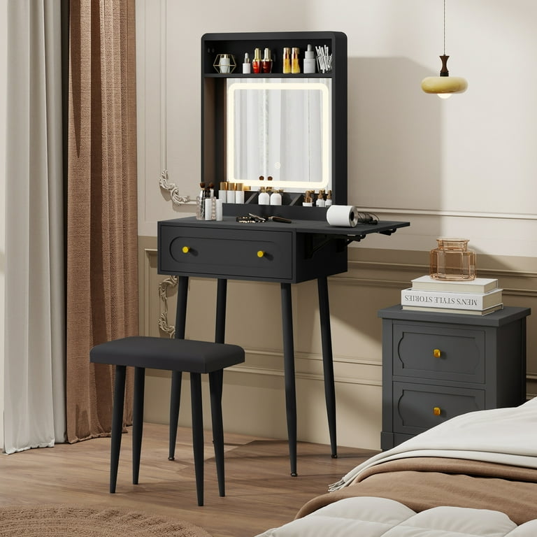 small dressing table black Vanity Makeup Set with Cushioned Stool and LED Lighted Mirror-White one button to switch 3 lights Likimio 24.4-in W black Small