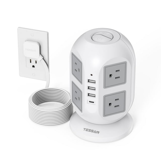 Regleta protectora contra sobretensiones de torre de 10 pies, cable de extensión plano largo TESSAN con múltiples salidas, 8 salidas de CA con 4 puertos USB (1 USB C), estación de carga con protección