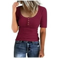 thumbnail image 2 of SDNall Womens Round Neck Button Up T-shirt Loose Short Sleeved Top, 2 of 9