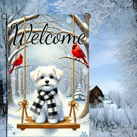 Winter Garden Flag with Cute Dog and Cardinal Christmas Dog Garden Flag 12x18 Double Sided Merry Christmas Garden flag for Outside Decorations Yard Flag