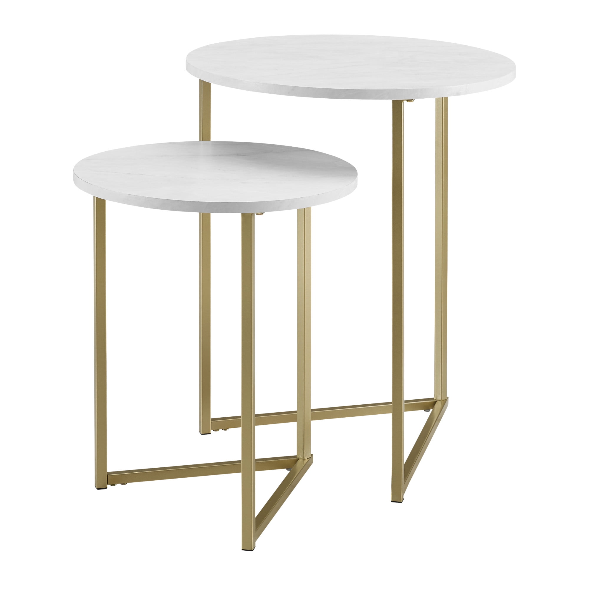 Walker Edison 2-Piece Round Nesting End Table, White Faux Marble/Gold