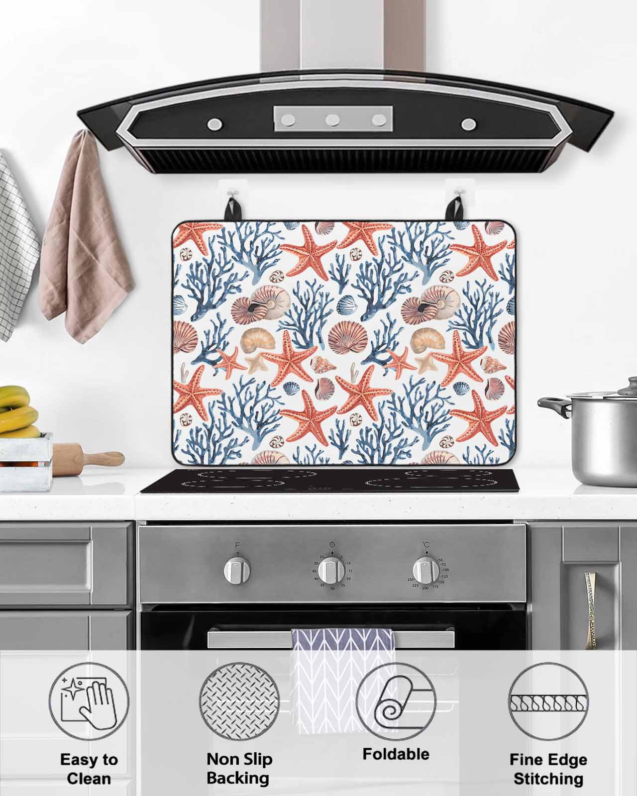 nqOlkjepod Large Induction Cooktop Protector Mat 36"x21", Coastal Stove Top Covers for Electric Stove, Summer Beach Starfish Coral Shell Conch Nautical Stove Burner Cover Mats, Glass Top Stove Cover