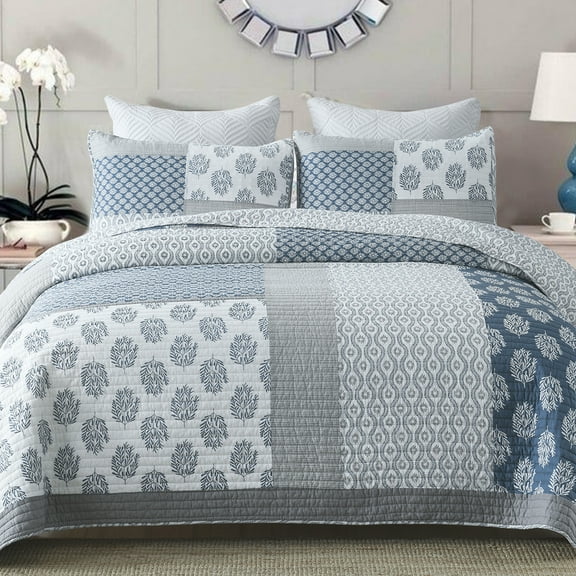 Bedduvit Queen Size Quilt Set - 100% Cotton Blue Gray Floral Real-Patchwork Plaid Striped Farmhouse Bedspread for Queen Bed, Reversible Lightweight Spring/Winter Comforter Bedding Set, 3-Piece 98"x90"