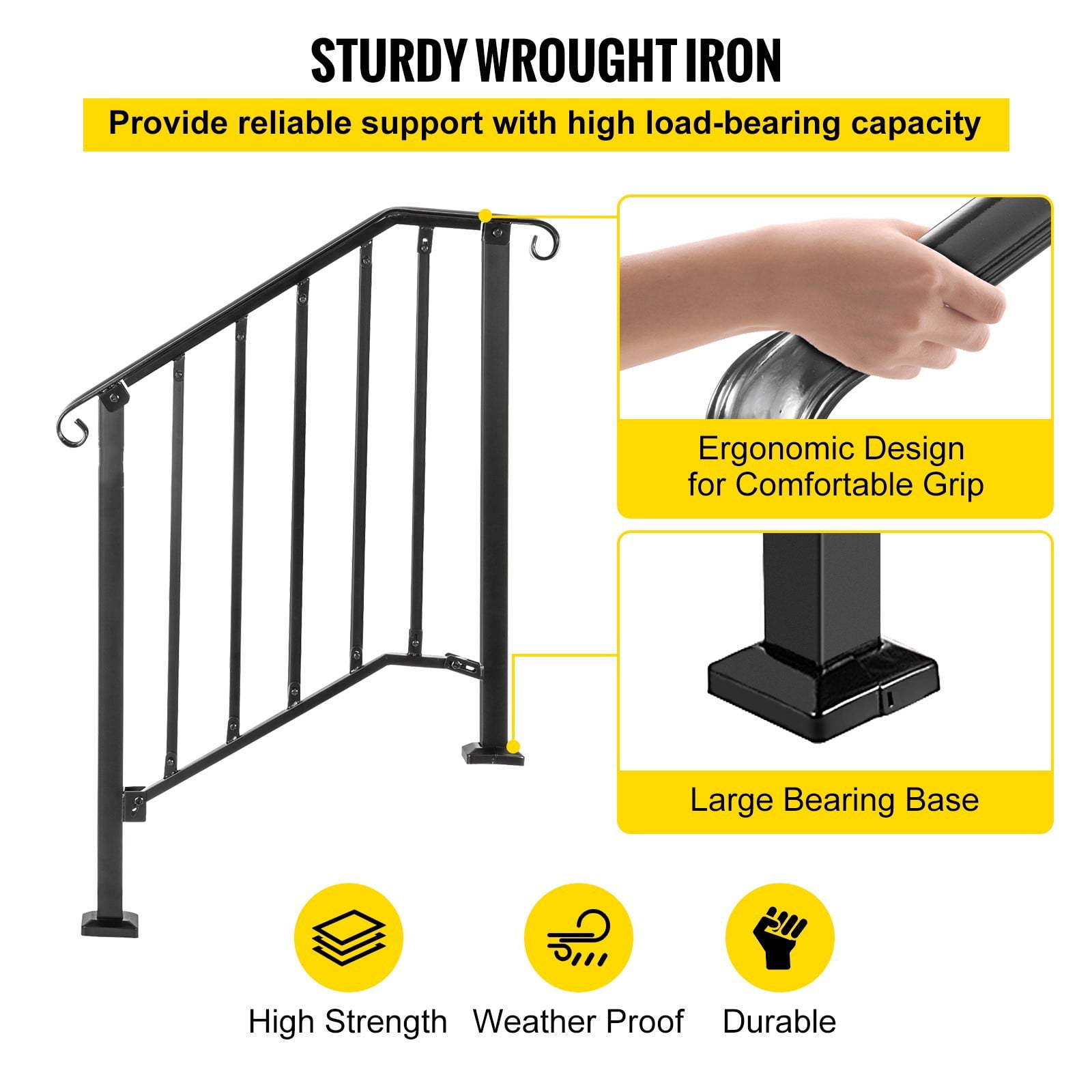BENTISM Iron Handrail Picket Fits 2 or 3 Steps Stair Railing for Outdoor Garden