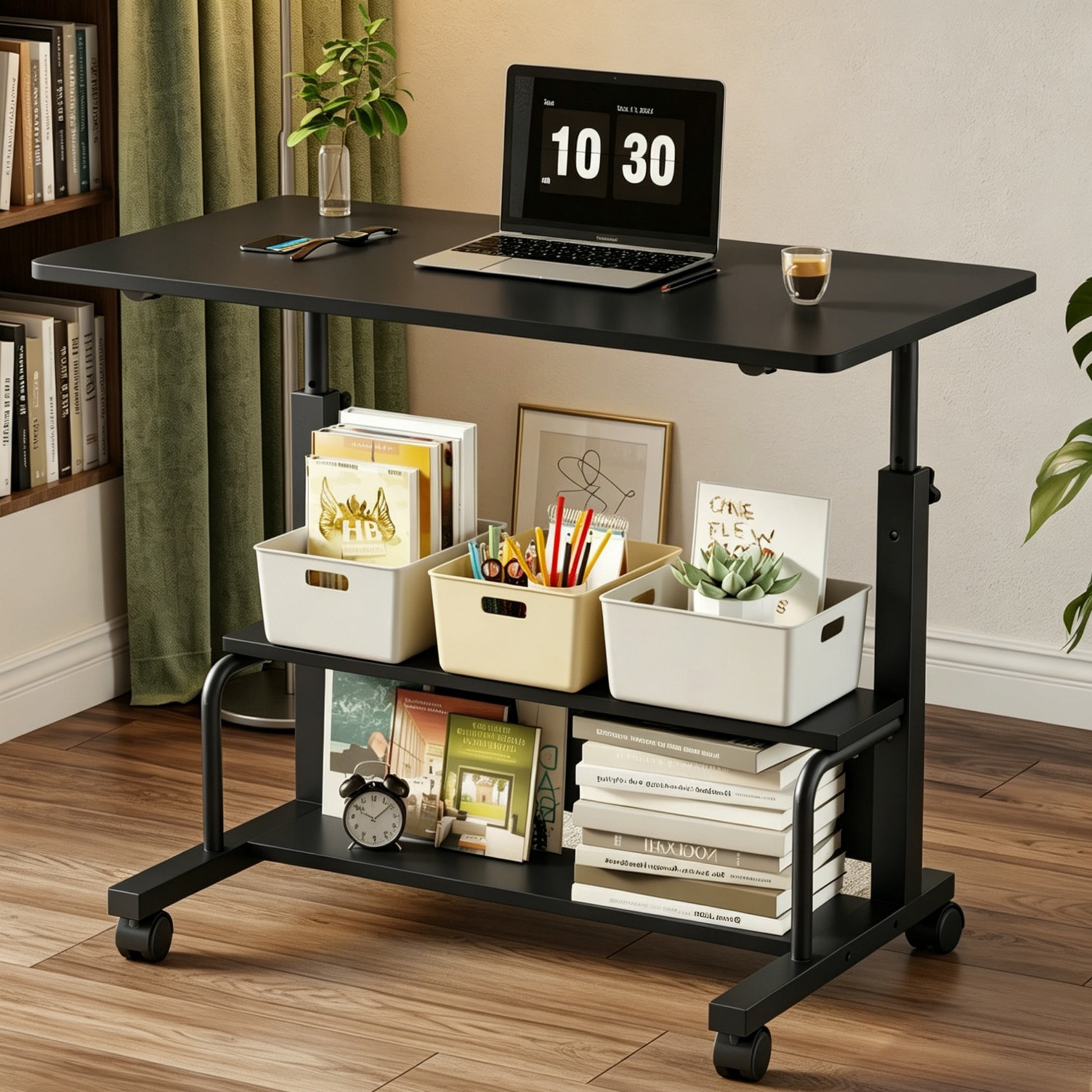 CONCETTA 31.5'' Adjustable Height Rolling Computer Desk with Storage Shelves, Portable Mobile Desk for Small Spaces Home Office, Black