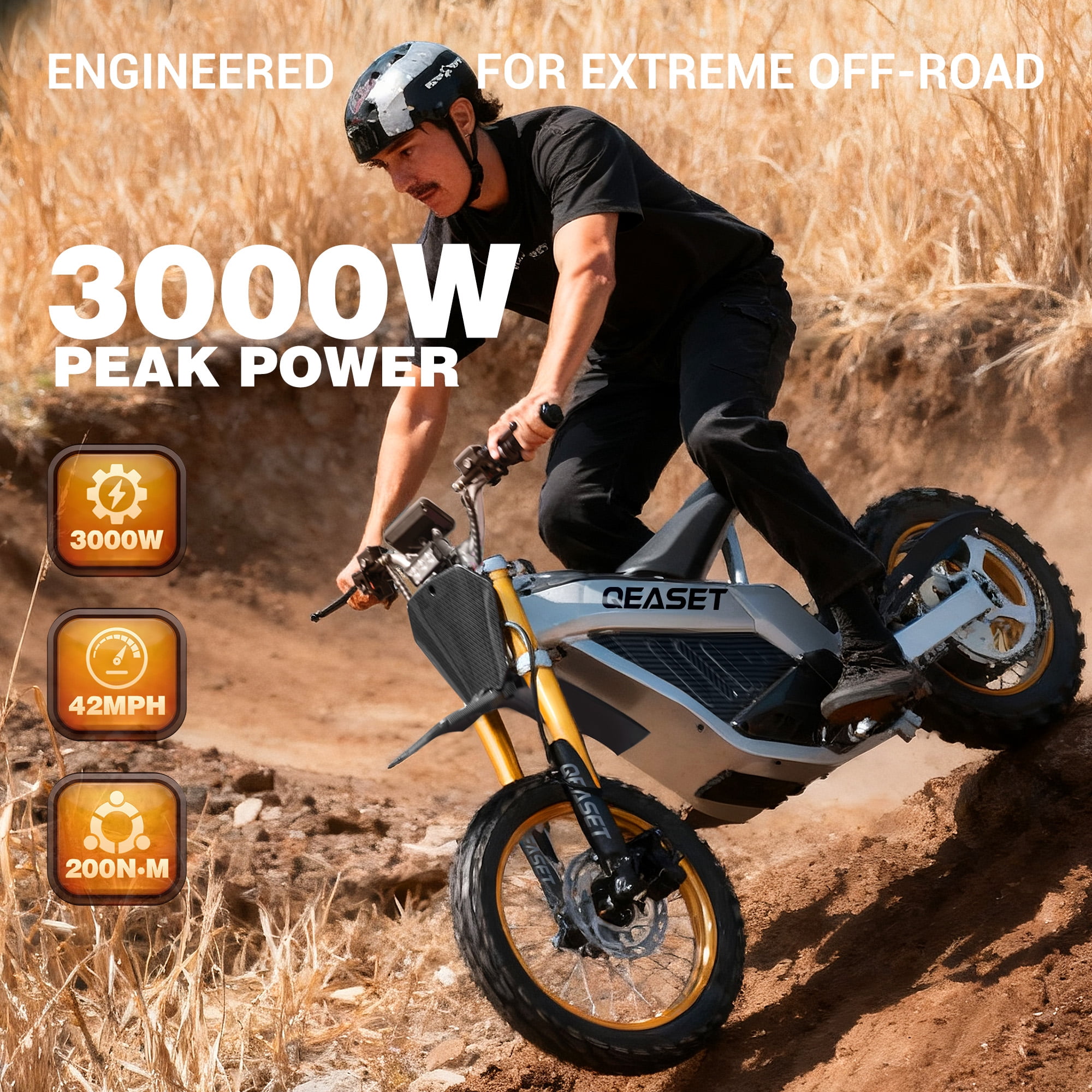 QEASET Dirt Bike DZ009 Electric-Powered Dirt Bike - Peak-3000W 48V 30AH Teens Adults Electric Dirt Bike, Max 42Mph, Black for 16+