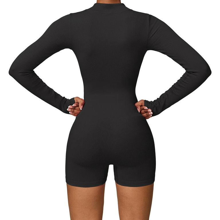 Women's Yoga Jumpsuits Workout Ribbed Long Sleeve Zip Front