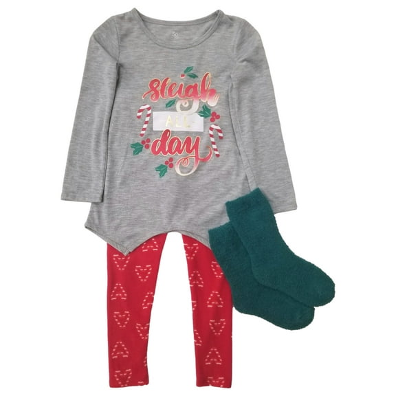 Girls Christmas Red & Green Sleigh All Day Holiday Sleep Pajamas Shirt & Pants 4