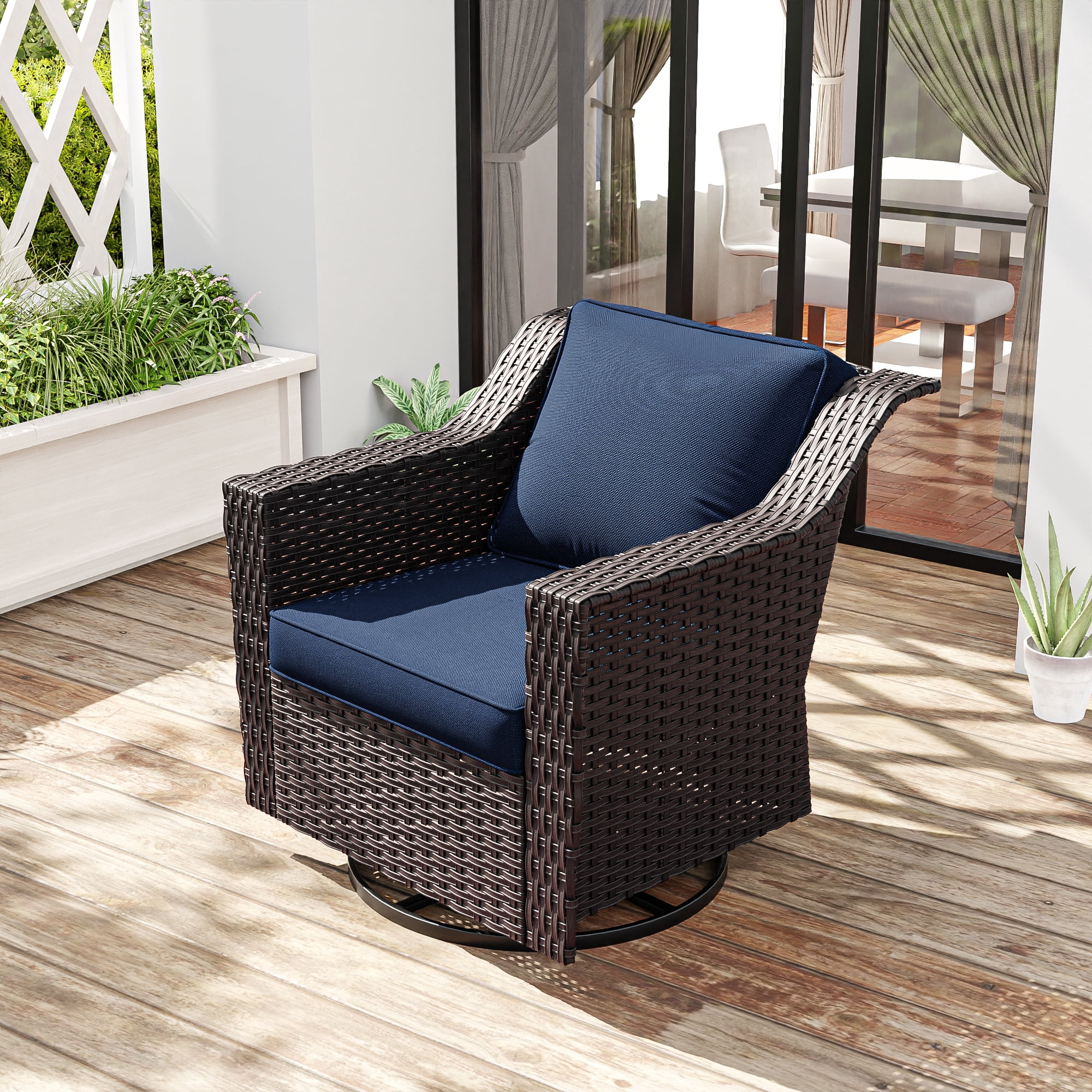 Meetleisure Patio Swivel Wicker Chair, Outdoor Rattan Rocking Chairs with Thickened Cushions for Backyard Porch Deck, Metal Rocking Frame