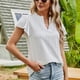 thumbnail image 3 of Camiseta de manga corta con volantes para mujer, cuello en V, puntos ahuecados, tipo suelto, Top informal de verano blanco XL, 3 of 6