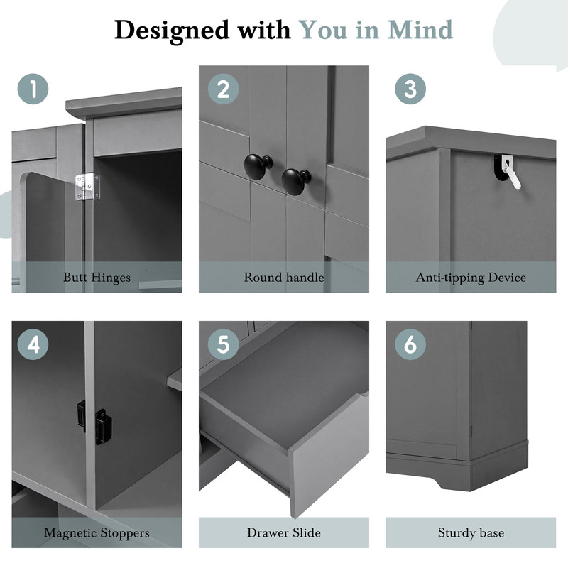 All-in-One Kitchen Pantry Bar Cabinet with Drawers, Hidden Trays, Racks & Adjustable Shelves, Freestanding Storage Cupboard
