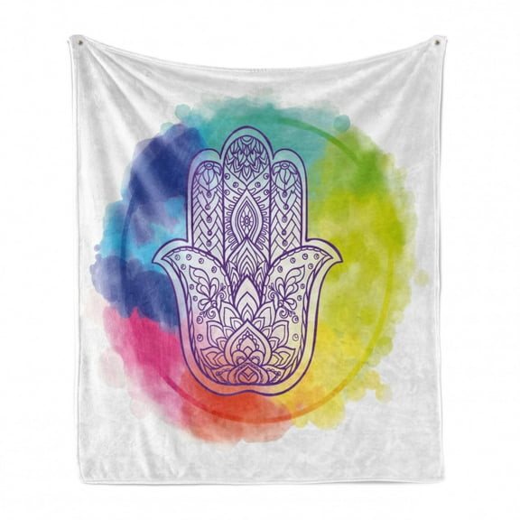 Hamsa Soft Flannel Fleece Throw Blanket, Circle of Dreamy Vivid Colors and with Esoteric Charm Elements, Cozy Plush for Indoor and Outdoor Use, 50" x 60", Multicolor, by Ambesonne