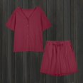 thumbnail image 3 of Scyoekwg Lounge Sets for Women 2 Piece Cotton Linen Loose Solid Color Trendy Short Sleeve Round Neck Tops Shorts Sweatsuits Sets Casual Outfits (Red,XL), 3 of 8