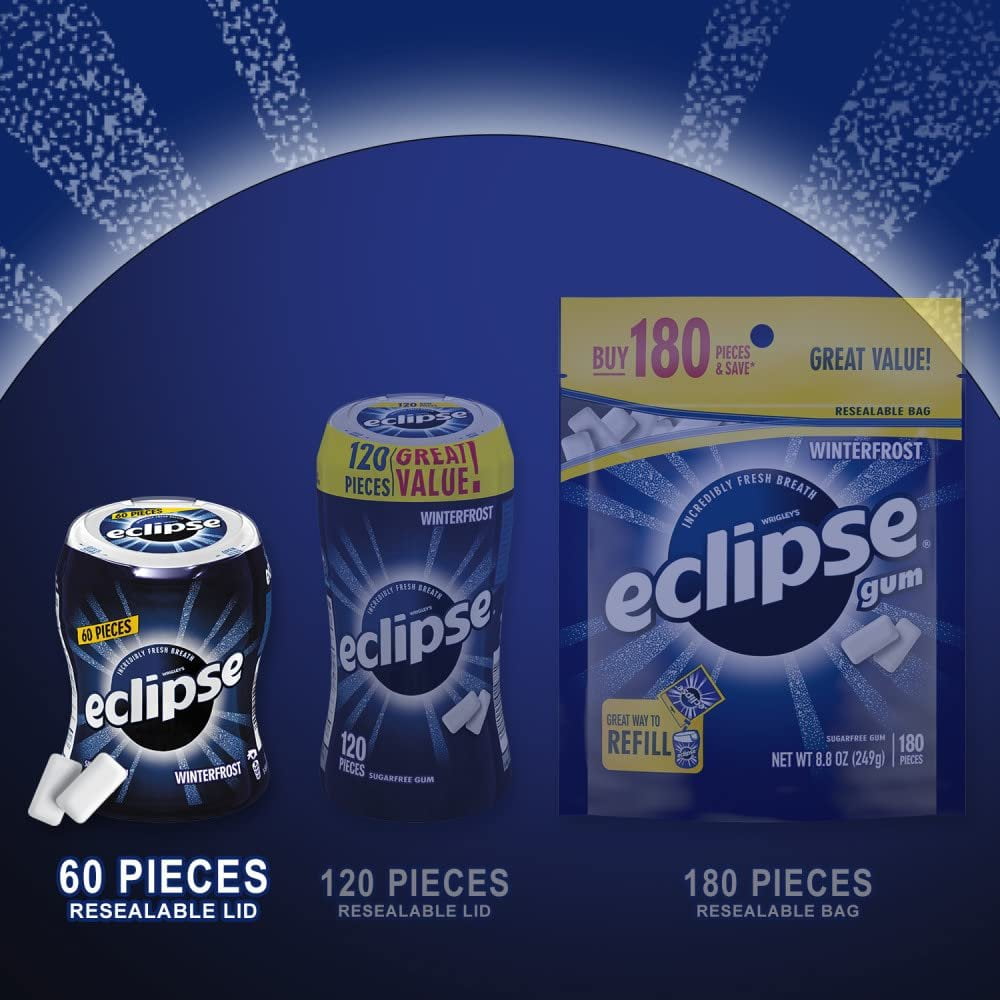 ECLIPSE Winterfrost Sugar Free Chewing Gum Bulk Pack, 60 Piece Bottle Pack of 4