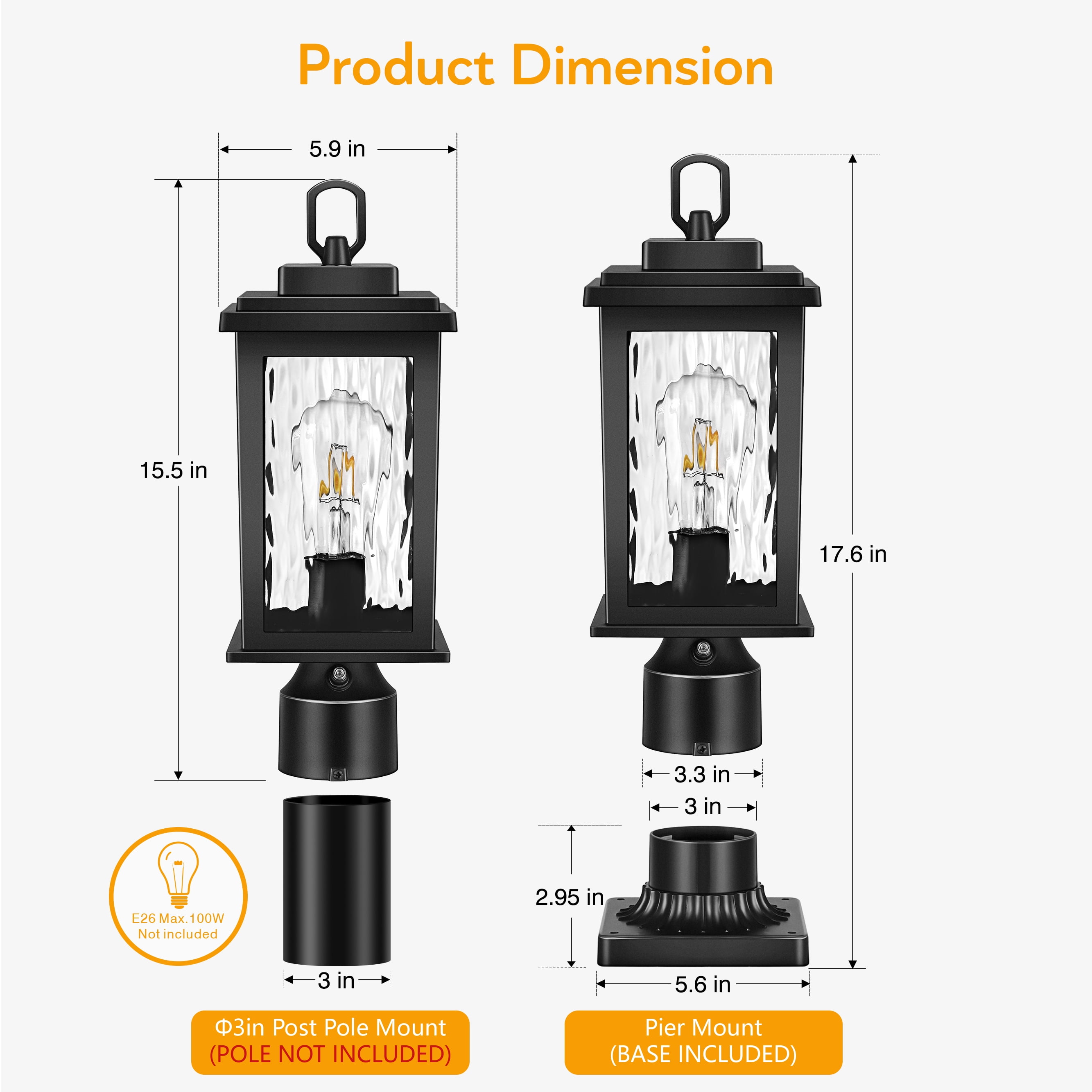 VIANIS Outdoor Post Lights, Dusk to Dawn Post Lights Outdoor,Black Post Lantern with Pier Mount Base, Waterproof Aluminum Body with Water Glass for Patio, Garden, Driveway