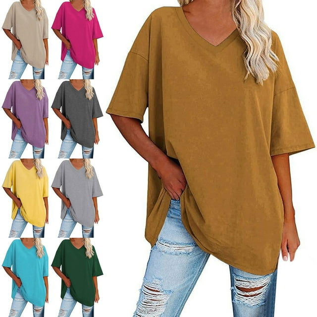 T-shirts Oversize pour Femmes Été Manches 3/4 Col en V Tunique Décontractée Ample Hauts Oversize Tee Shirt Course Femme YE1 S