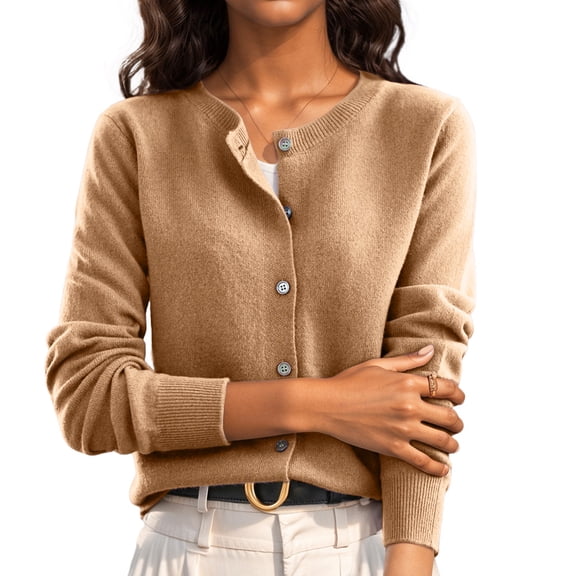 Cardigan Sweaters for Women Casual Long Sleeve Open Front Button Down Knit Outwear Soft Comfy Fashion Clothes Beige L