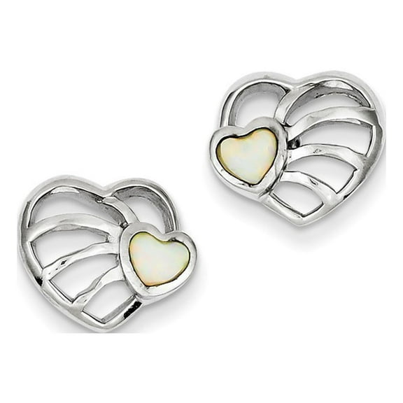 Sterling Silver Simulated Opal Heart Post Earrings - Measures 12x14mm Wide