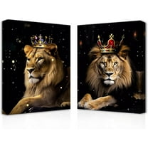 ZHONGYUTONG Lion and Lioness Canvas Wall Art 2 Pieces Lion King Couple with Gold Crown Poster Prints African Wild Animal Pictures for Office Decor (11.00" x 14.00" x 2PCS)