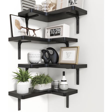 Corner Floating Shelves Set of 4, Wall Mounted L-Shaped Storage - Maximize Unused Corner Space in Bathroom, Kitchen, Bedroom, Office, Jet Black