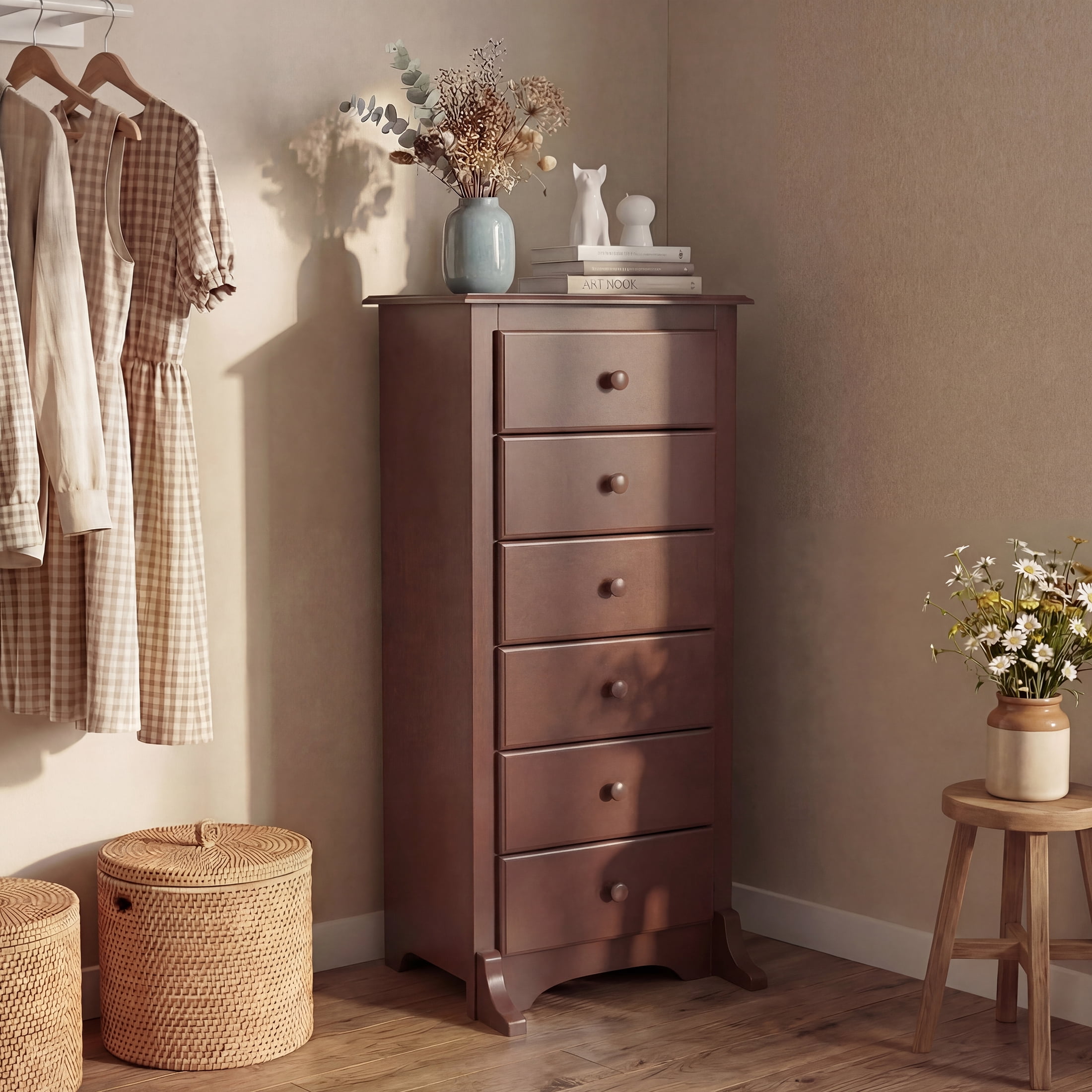 EDX 6 Drawer Wooden Dresser Chest for Bedroom, 19" x 23.25" x 52.75", Modern Storage Cabinet for Living Room Closet, Brown
