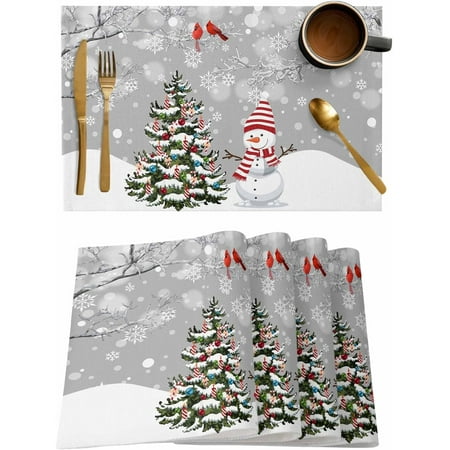 

RooRuns Christmas Placemats Set of 4 Merry Christmas Snowman Snowflake Xmas Tree Heat-Resistant Placemats for Dining Table