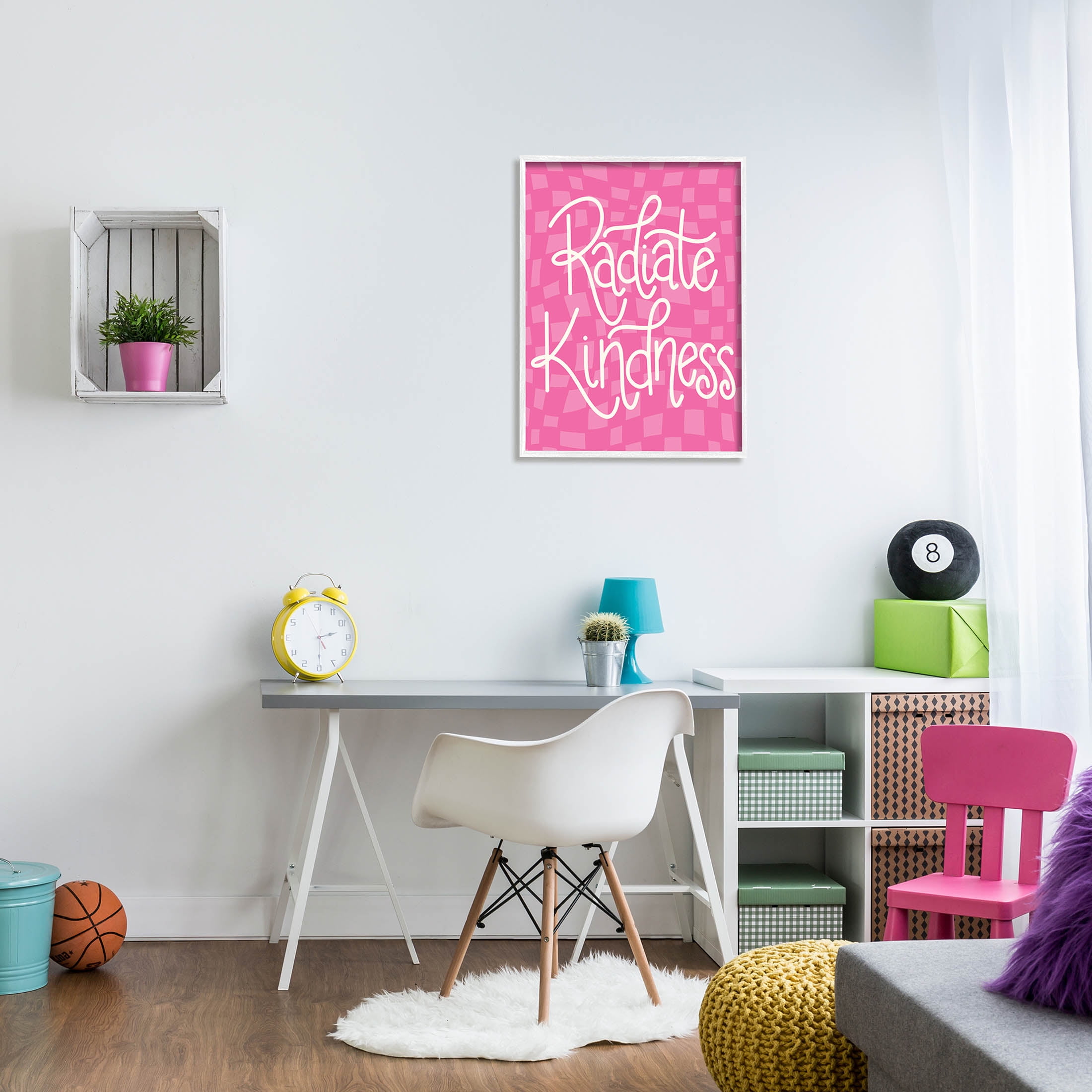 Radiate Kindness Pink Checkered Inspirational Graphic Art White Framed Art Print Wall Art