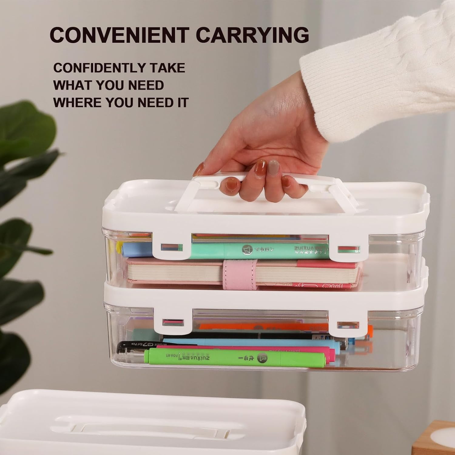IBEQUEM 4Pcs Clear Plastic Storage Container with Lid & Handle, Multipurpose   Stackable Storage Organizer Box for Office Home Use-10 x 6 x 2.6 inch