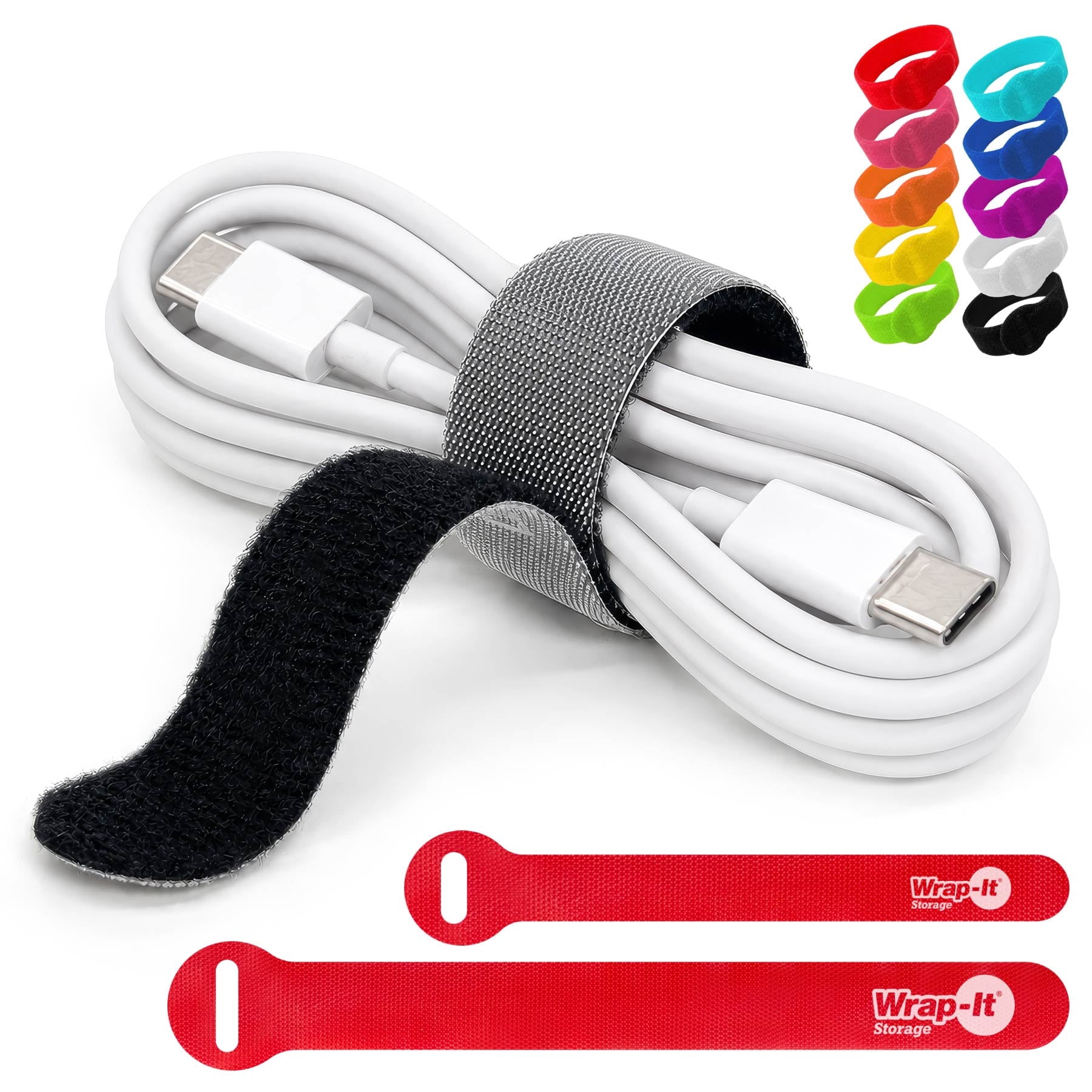 Wrap-It Storage Self-Gripping Reusable Cable Ties - 5" and 8" (60 Pack) - Reusable Hook and Loop Charging Cord Wraps for Cord Management - Multi-Color