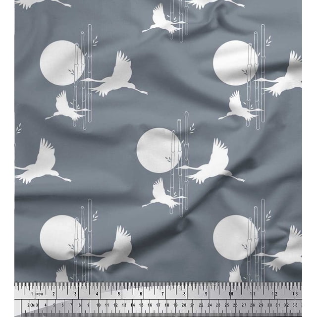 Soimoi Rayon Fabric Bamboo Tree,Moon & Stork Bird Print Fabric by The Yard 56 Inch Wide